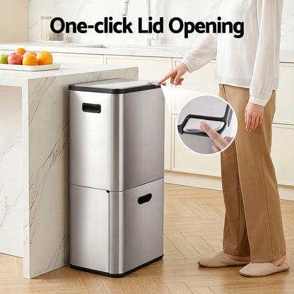 Cefito 63L Rubbish Bin 3 Compartment Stainless Steel Split Door Trash Can Silver - Image 5