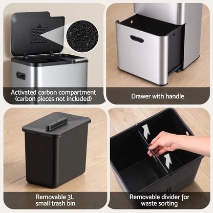 Cefito 63L Rubbish Bin 3 Compartment Stainless Steel Split Door Trash Can Silver - Image 7