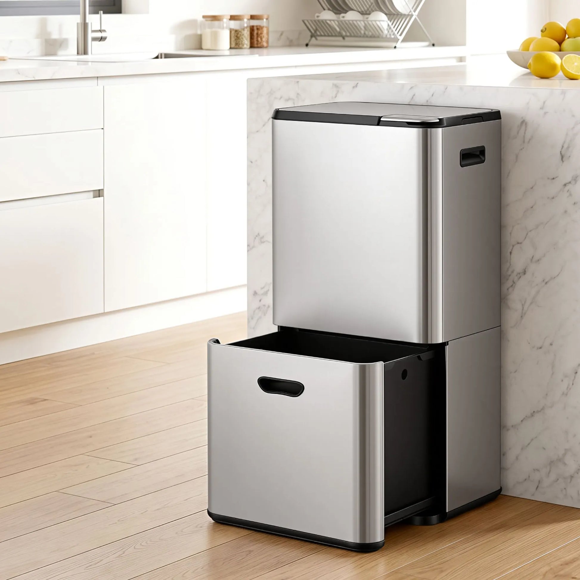 Cefito 63L Rubbish Bin 3 Compartment Stainless Steel Split Door Trash Can Silver - Image 9