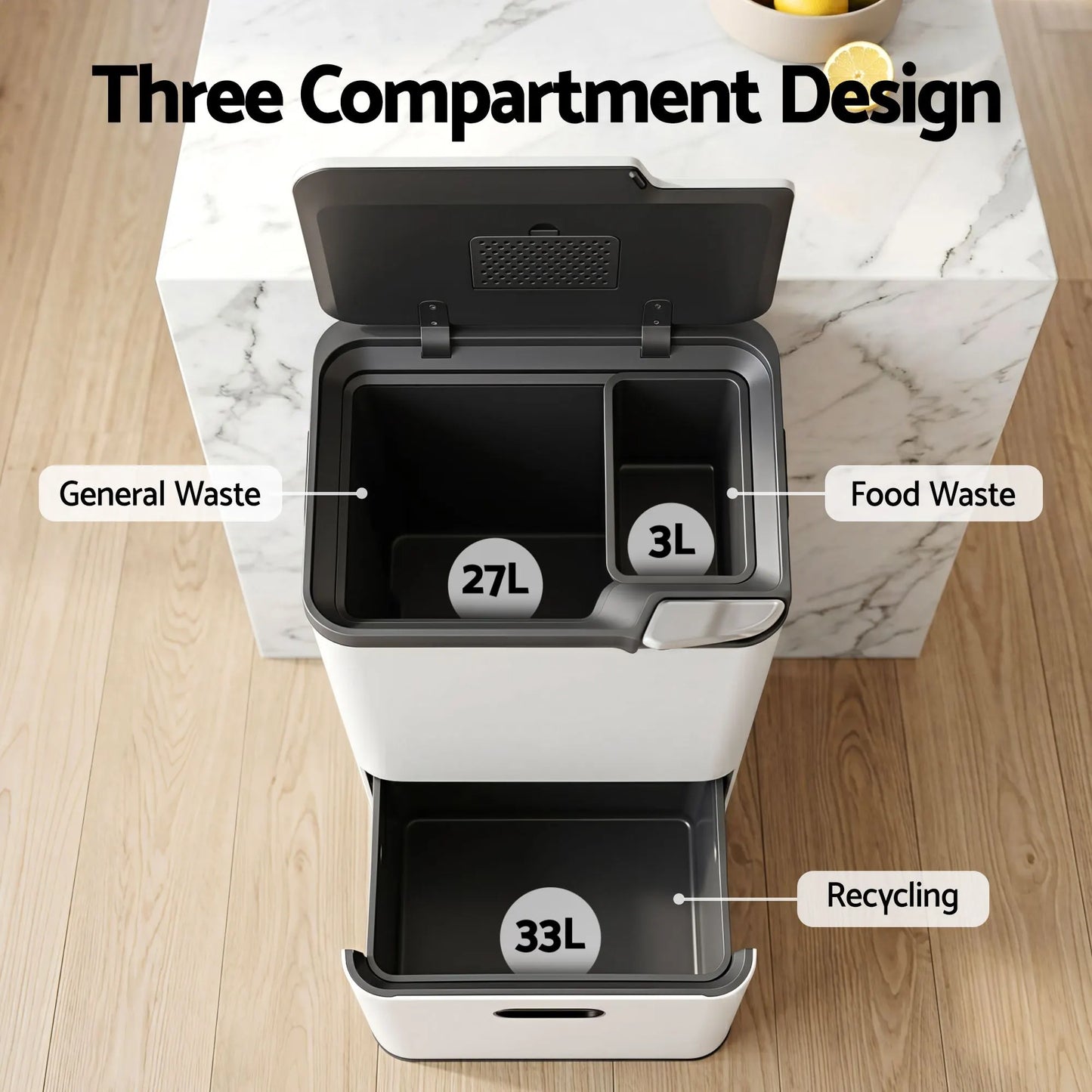 Cefito 63L Rubbish Bin 3 Compartment Carbon Steel Split Door Trash Can White - Image 4