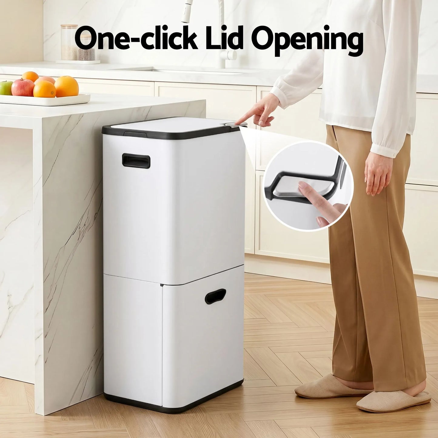 Cefito 63L Rubbish Bin 3 Compartment Carbon Steel Split Door Trash Can White - Image 5