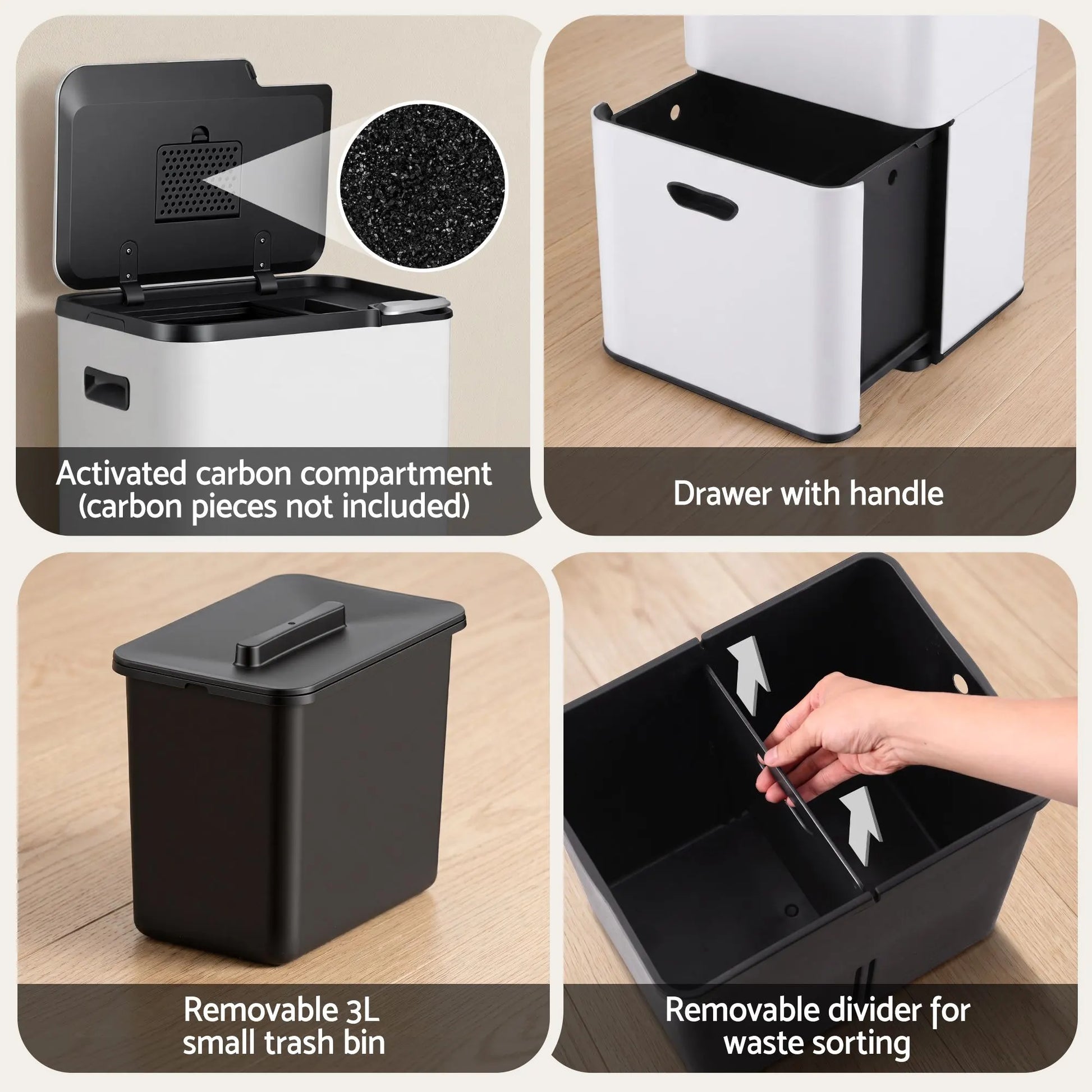 Cefito 63L Rubbish Bin 3 Compartment Carbon Steel Split Door Trash Can White - Image 7