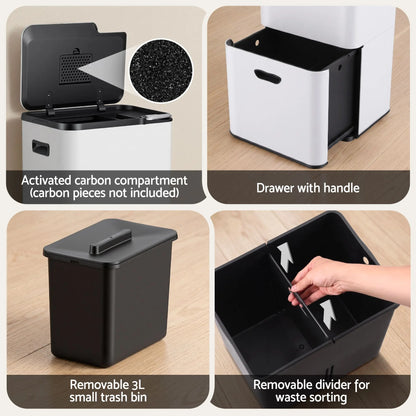 Cefito 63L Rubbish Bin 3 Compartment Carbon Steel Split Door Trash Can White - Image 7