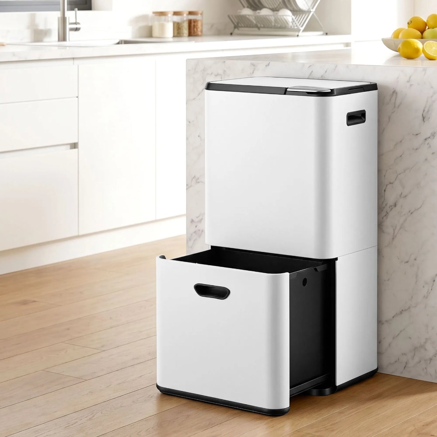 Cefito 63L Rubbish Bin 3 Compartment Carbon Steel Split Door Trash Can White - Image 9