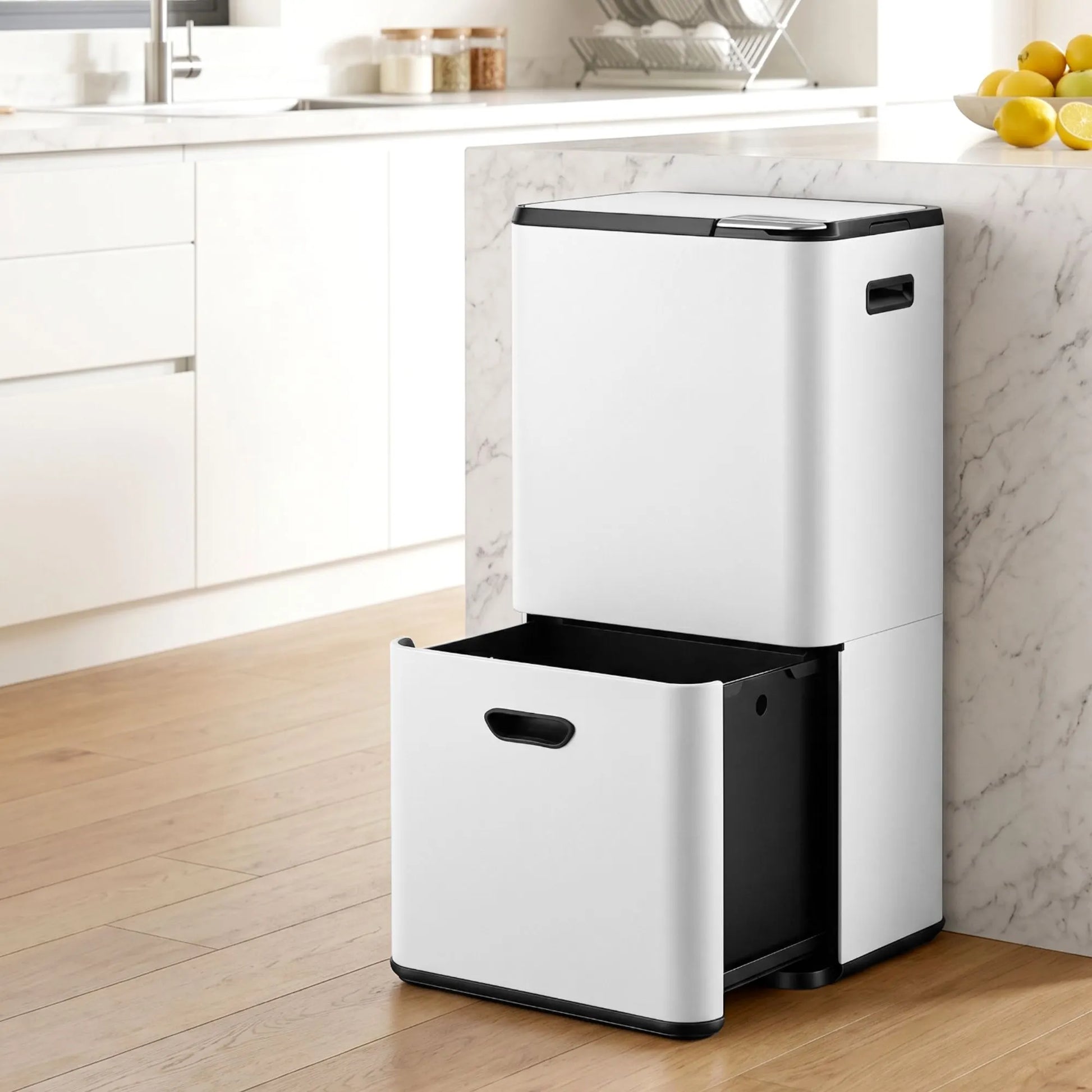 Cefito 63L Rubbish Bin 3 Compartment Carbon Steel Split Door Trash Can White - Image 9