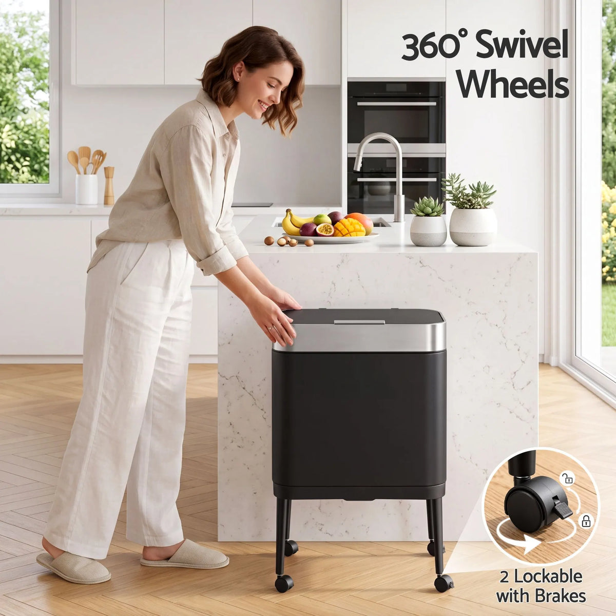 Cefito 40L Press Top Trash Can Kitchen Rubbish Bin Moblie Stainless Steel Black  - Image 6