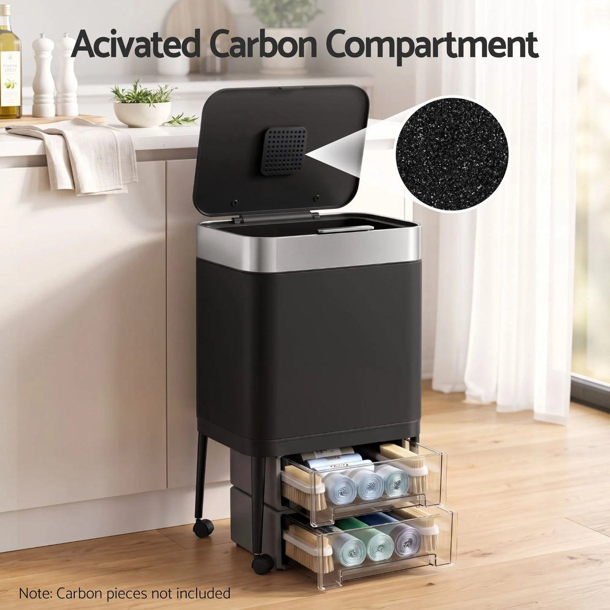 Cefito 40L Press Top Trash Can Kitchen Rubbish Bin Moblie Stainless Steel Black  - Image 7
