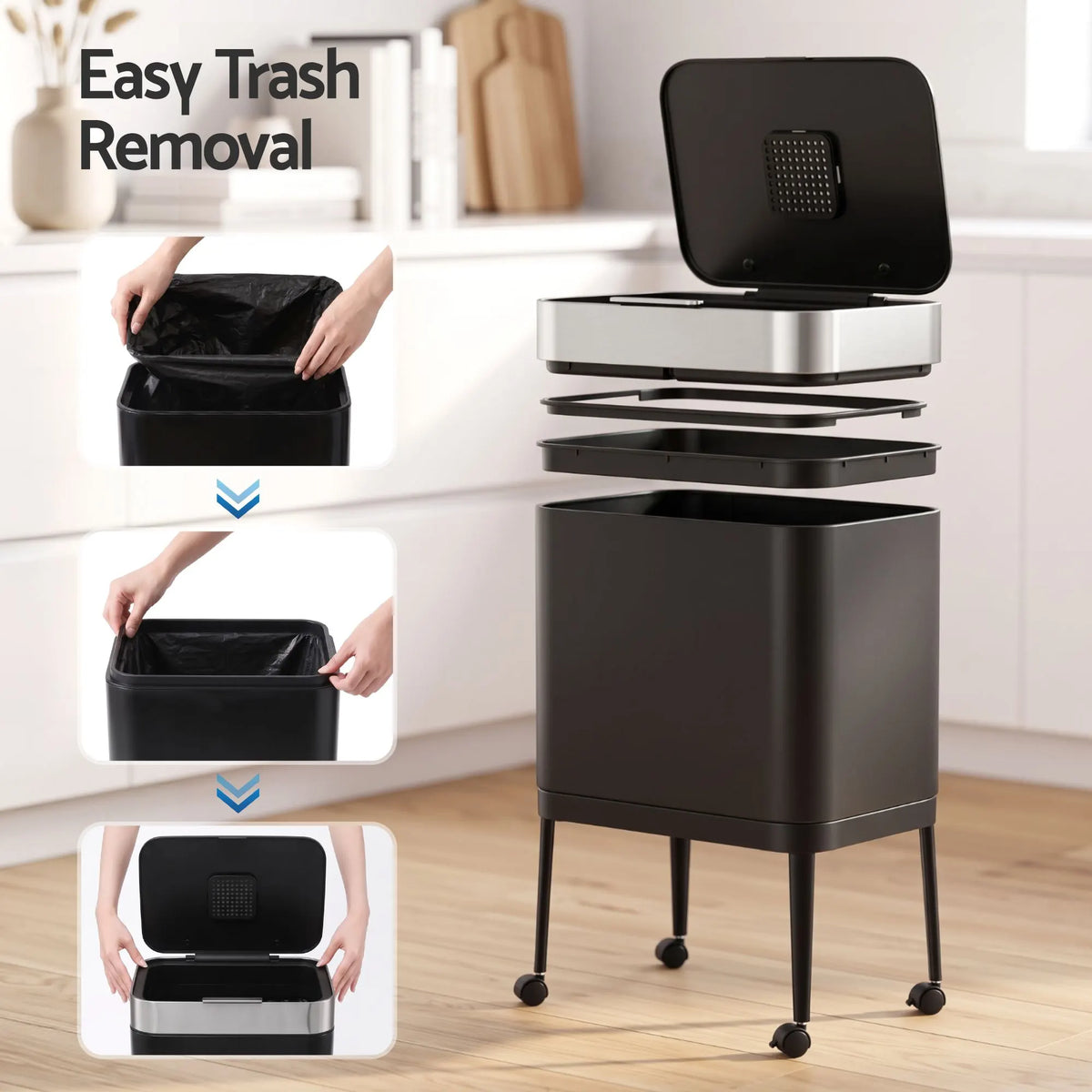 Cefito 40L Press Top Trash Can Kitchen Rubbish Bin Moblie Stainless Steel Black  - Image 8