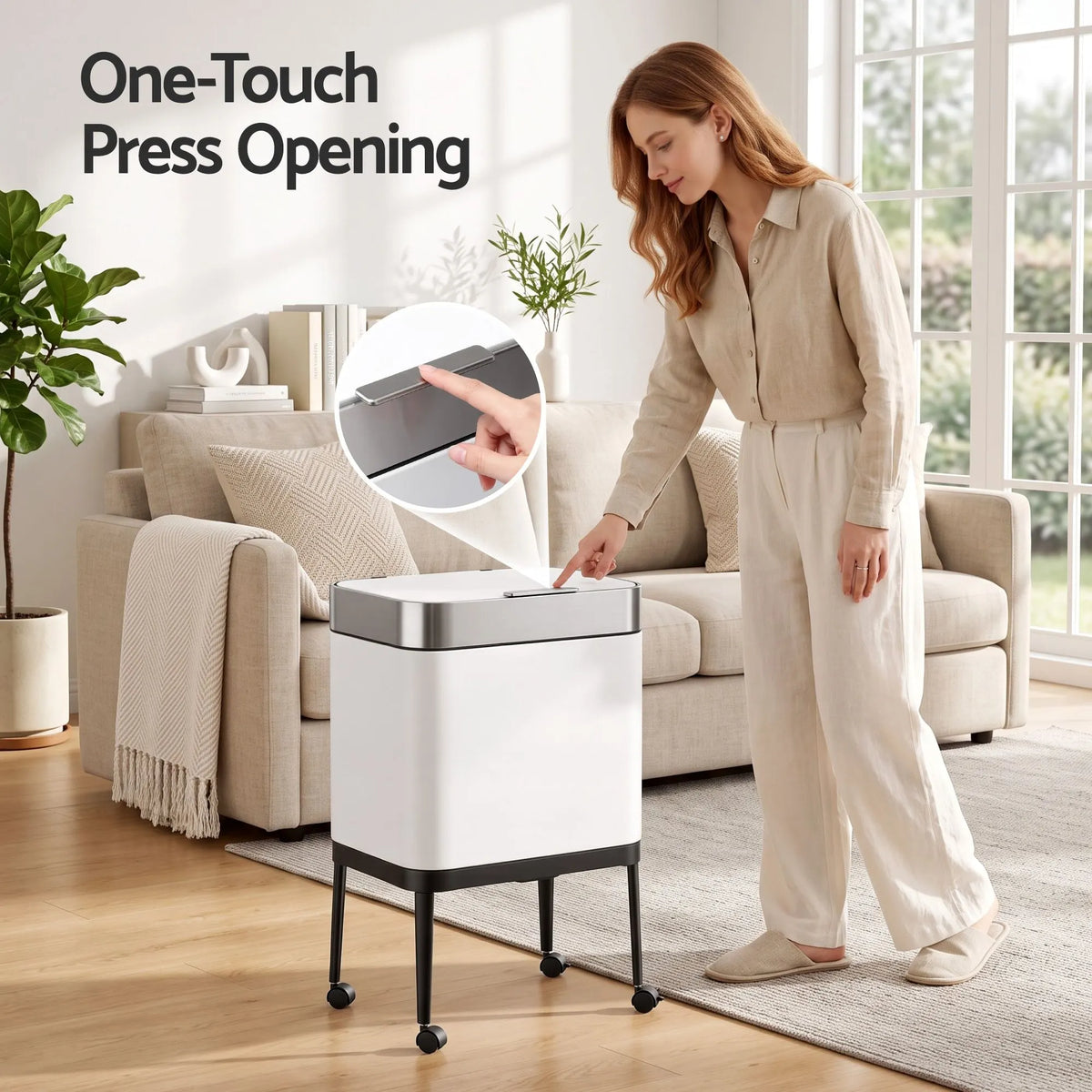 Cefito 40L Press Top Trash Can Kitchen Rubbish Bin Moblie Stainless Steel White - Image 5