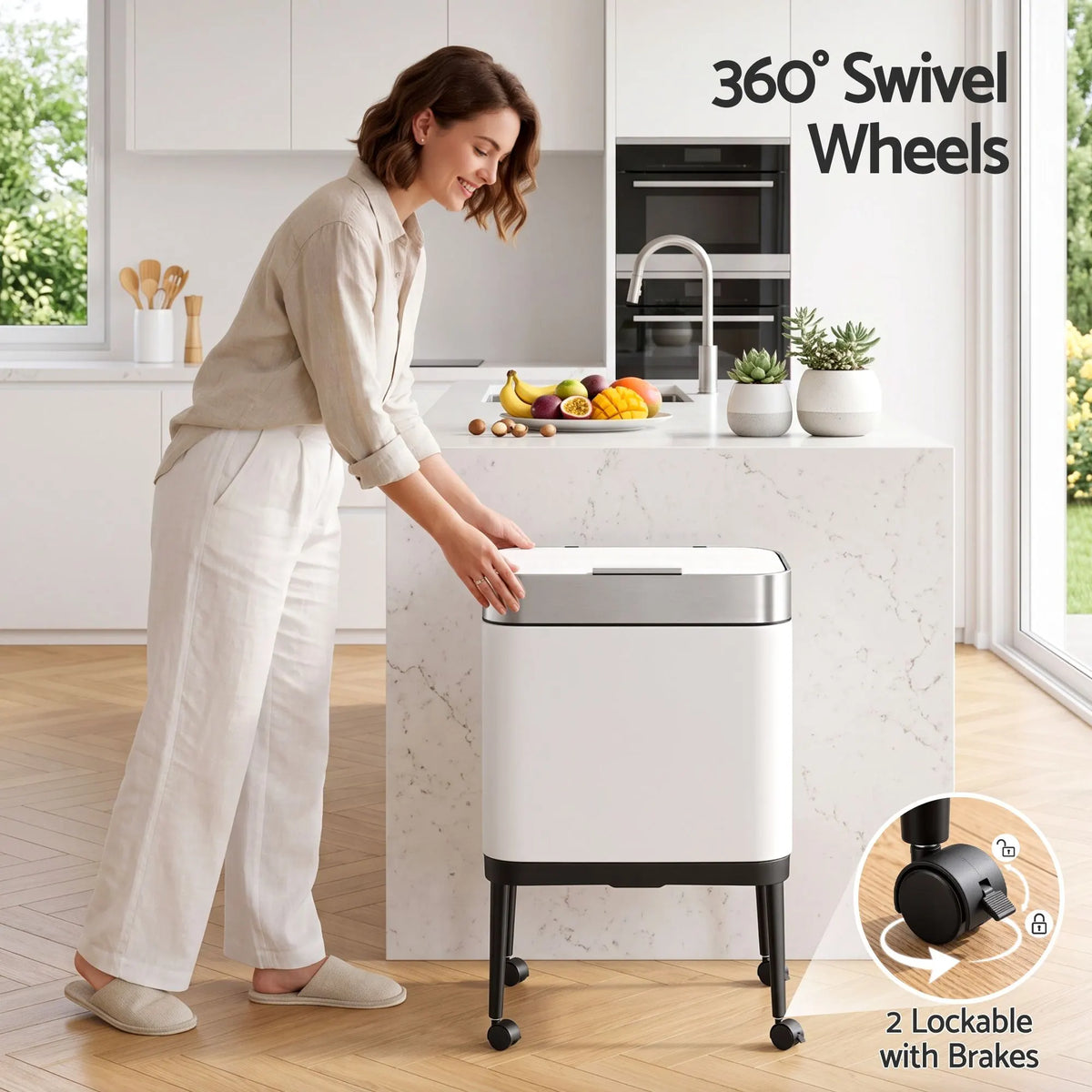 Cefito 40L Press Top Trash Can Kitchen Rubbish Bin Moblie Stainless Steel White - Image 6