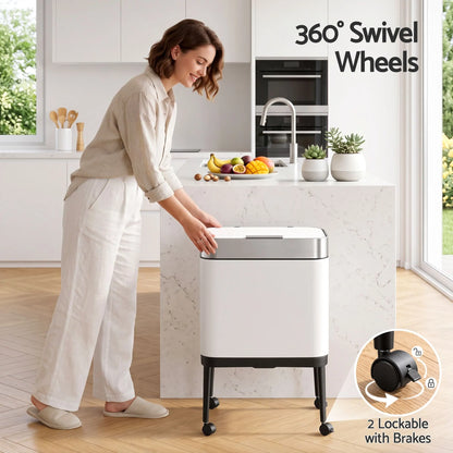 Cefito 40L Press Top Trash Can Kitchen Rubbish Bin Moblie Stainless Steel White - Image 6