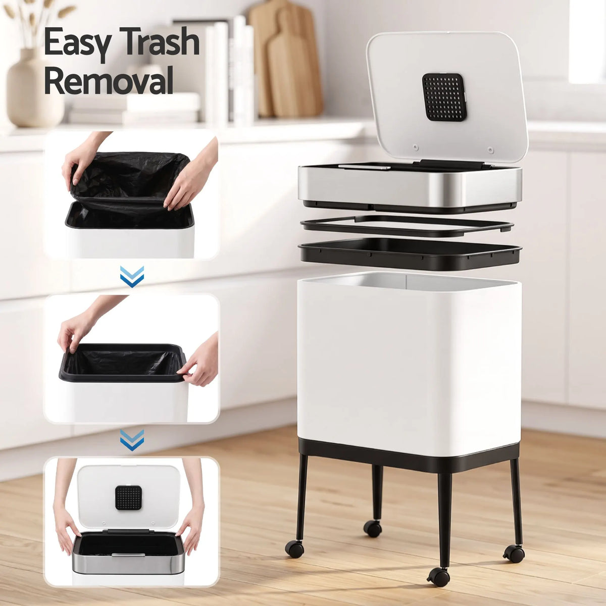 Cefito 40L Press Top Trash Can Kitchen Rubbish Bin Moblie Stainless Steel White - Image 8
