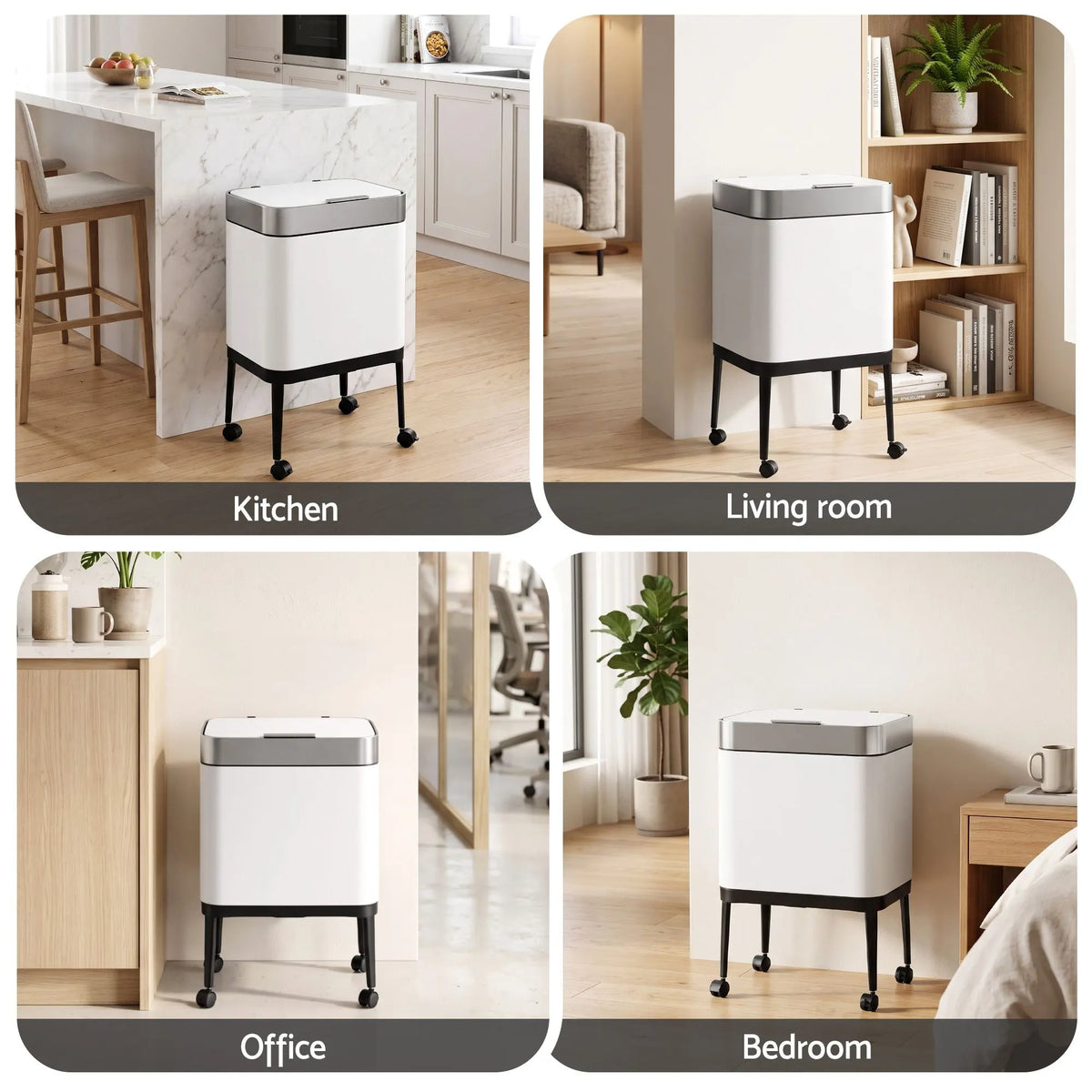 Cefito 40L Press Top Trash Can Kitchen Rubbish Bin Moblie Stainless Steel White - Image 9