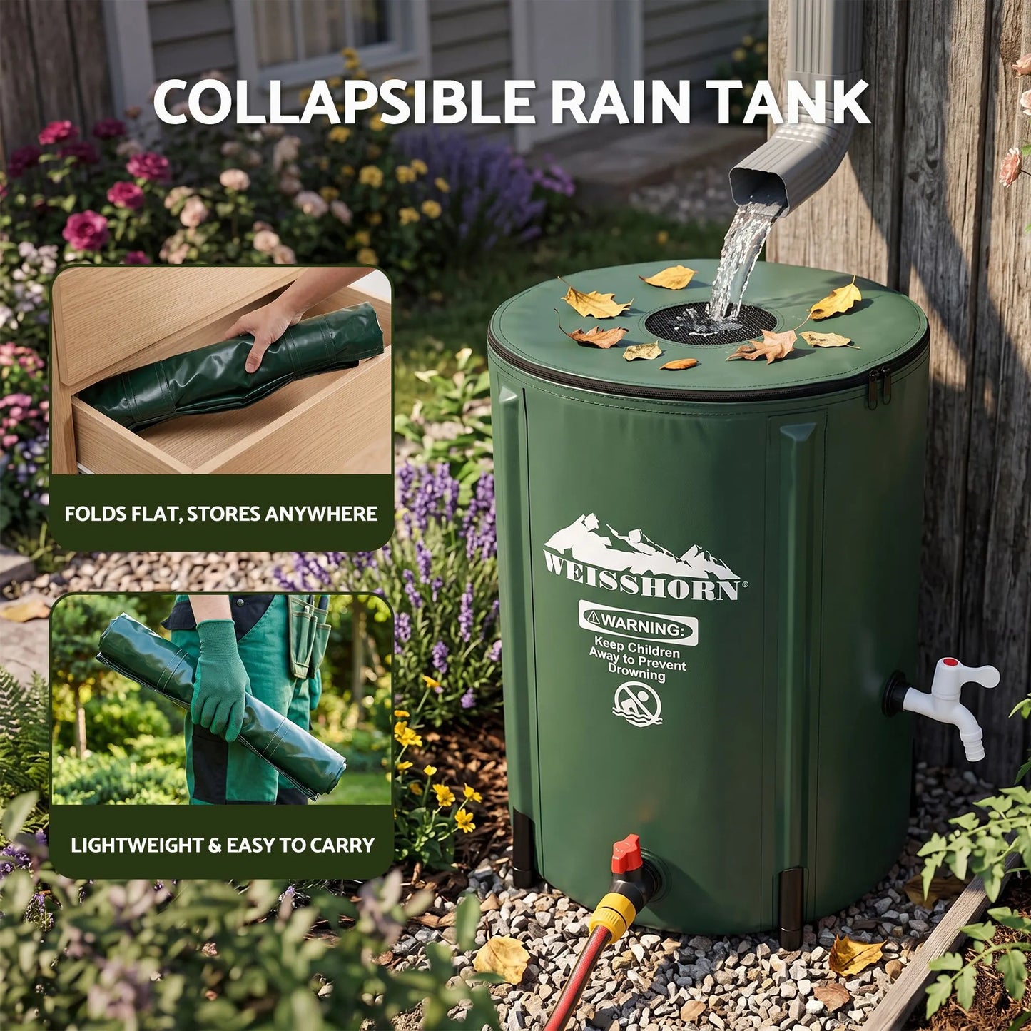 Weisshorn 50L/11gal Collapsible Rain Barrel PVC Water Tank Collection Storage for Garden Irrigation - Image 8