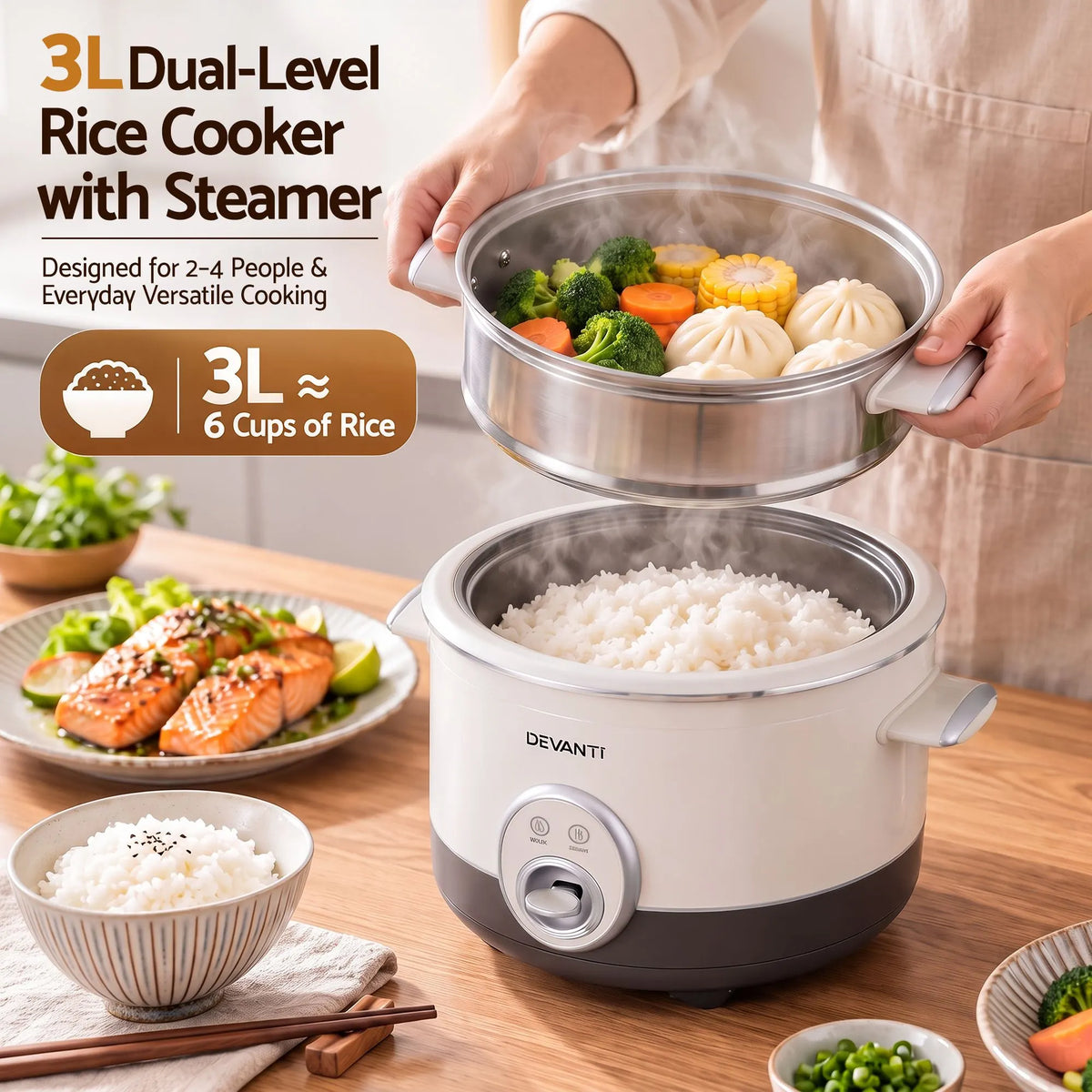 Devanti 3L Rice Cooker Small 6 Cup Multi Cooker with Steamer - Image 5