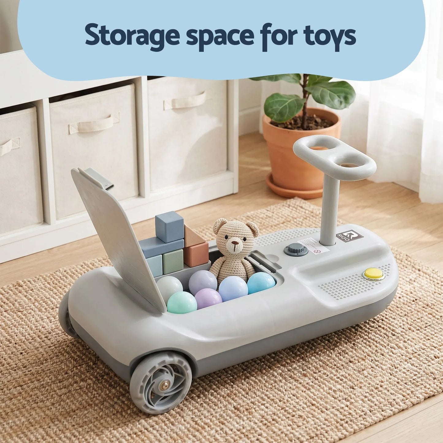 Rigo Ride on Car with Mop Storage Space Kids Clean Car 12V 86cm Grey - Image 6
