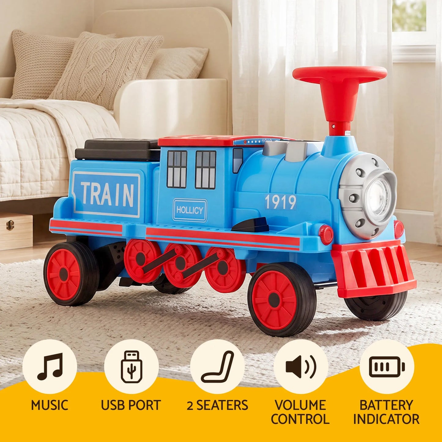 Rigo Kids Ride on Car Train 12V Electric Toy 2 Seaters Storage 87cm Blue - Image 4