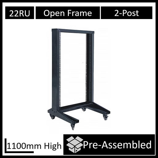 LDR Flat Packed 22U 2-Post Open Frame Rack, Black Metal Construction - Data Racks  Accessories