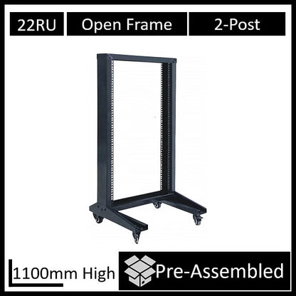 LDR Flat Packed 22U 2-Post Open Frame Rack, Black Metal Construction - Data Racks  Accessories
