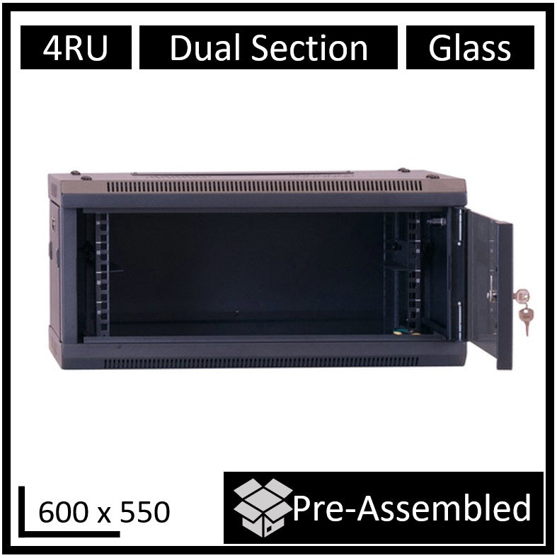 LDR Assembled 4U Hinged Wall Mount Cabinet (600mm x 550mm) Glass Door - Black Metal Construction...