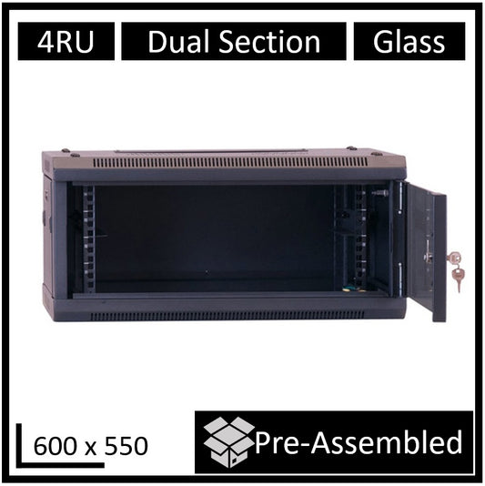 LDR Assembled 4U Hinged Wall Mount Cabinet (600mm x 550mm) Glass Door - Black Metal Construction...