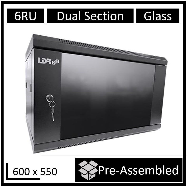 LDR Assembled 6U Hinged Wall Mount Cabinet (600mm x 550mm) Glass Door - Black Metal Construction...
