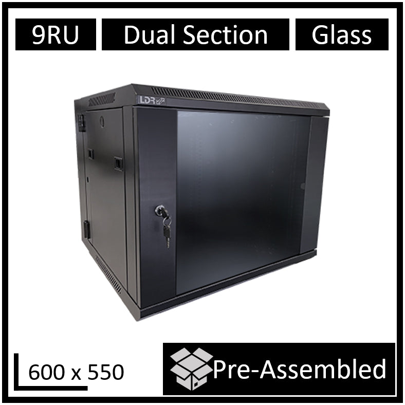 LDR Assembled 9U Hinged Wall Mount Cabinet (600mm x 550mm) Glass Door - Black Metal Construction...