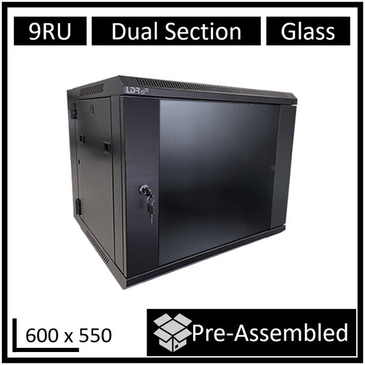 LDR Assembled 9U Hinged Wall Mount Cabinet (600mm x 550mm) Glass Door - Black Metal Construction...