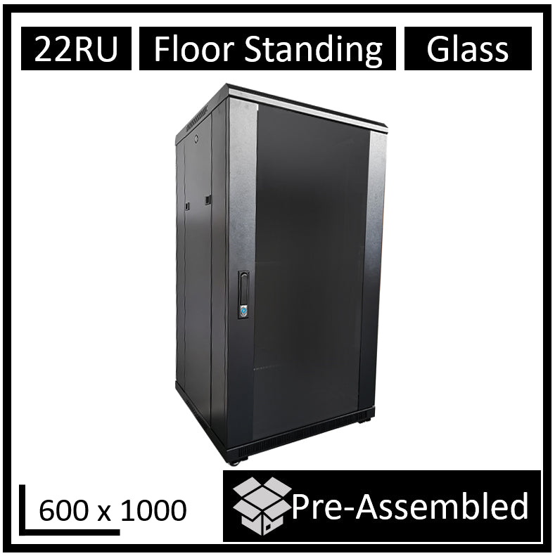LDR Assembled 22U Server Rack Cabinet (L600mm x W1000mm x H1070mm), Glass Door,1x 8-Port PDU, 1x...