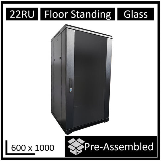 LDR Assembled 22U Server Rack Cabinet (L600mm x W1000mm x H1070mm), Glass Door,1x 8-Port PDU, 1x...
