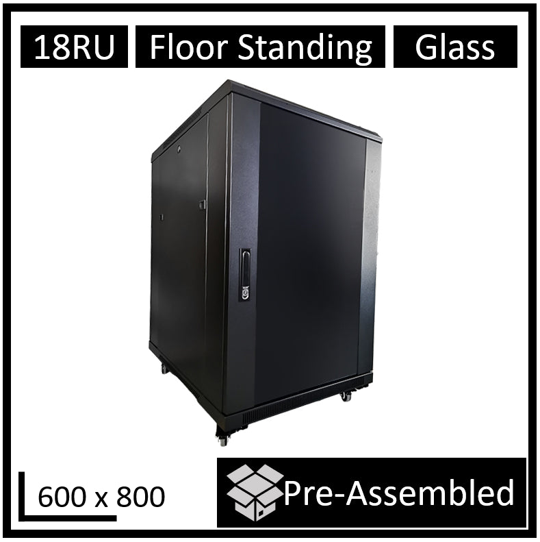 LDR Assembled 18U Server Rack Cabinet (600mm x 800mm) Glass Door, 1x 8-Port PDU, 1x 4-Way Fan, 2x...