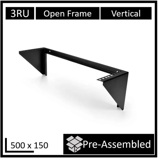 LDR Open Frame 3U Vertical Wall Mount Frame (500mm x 150mm) - Black Metal Construction - Data Rac...