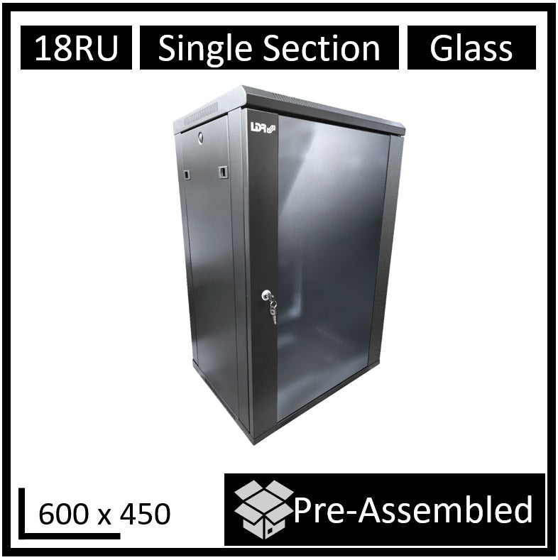 LDR Assembled 18U Wall Mount Cabinet (600mm x 450mm) Glass Door - Black Metal Construction - Top...