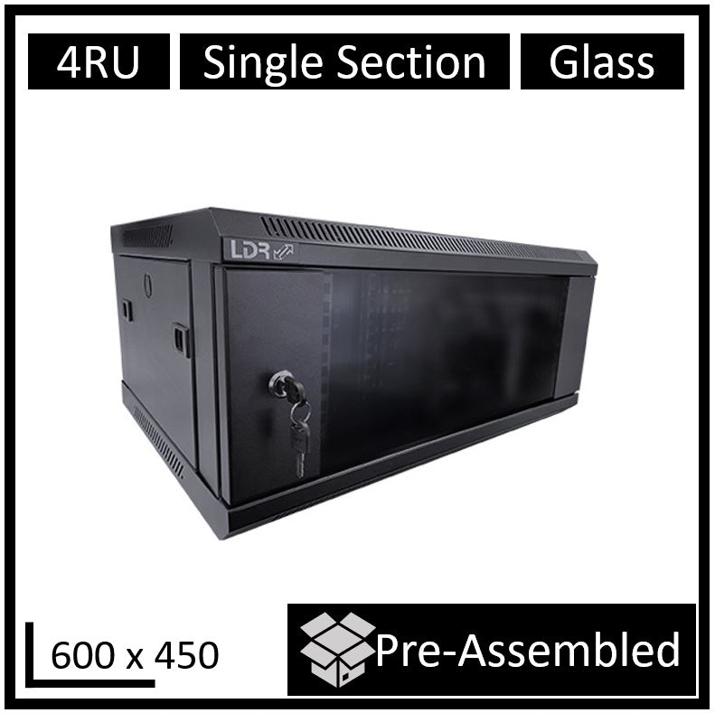 LDR Assembled 4U Wall Mount Cabinet (600mm x 450mm) Glass Door - Black Metal Construction - Top F...