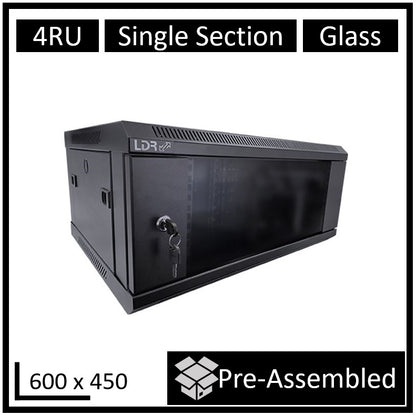 LDR Assembled 4U Wall Mount Cabinet (600mm x 450mm) Glass Door - Black Metal Construction - Top F...