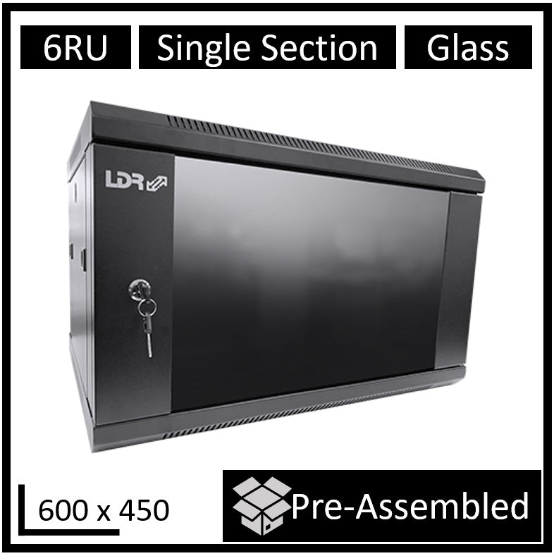 LDR Assembled 6U Wall Mount Cabinet (600mm x 450mm) Glass Door - Black Metal Construction - Top F...