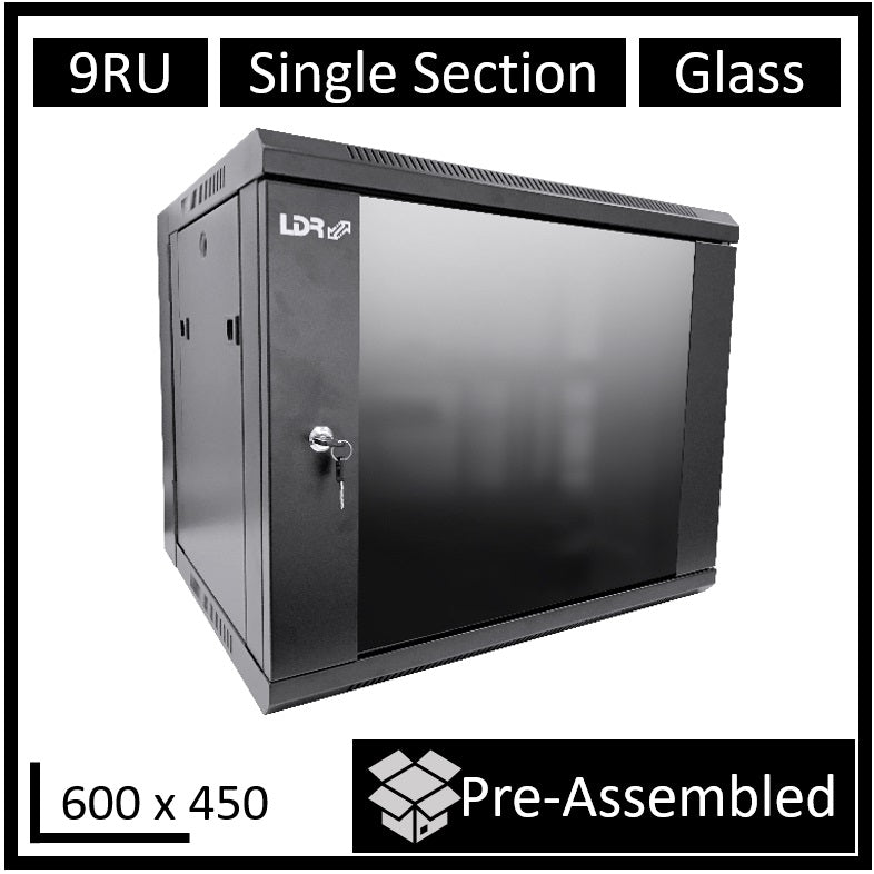 LDR Assembled 9U Wall Mount Cabinet (600mm x 450mm) Glass Door - Black Metal Construction - Top F...