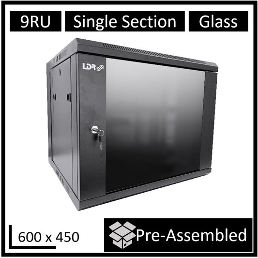 LDR Assembled 9U Wall Mount Cabinet (600mm x 450mm) Glass Door - Black Metal Construction - Top F...