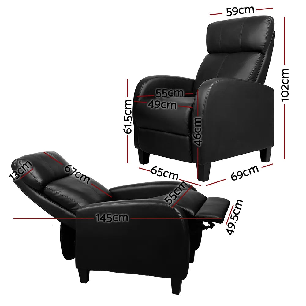 Artiss PU Leather Reclining Armchair - Black - Image 2