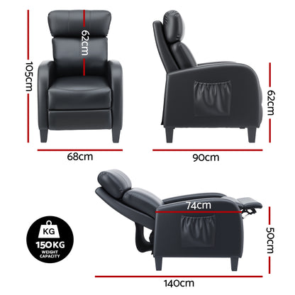 Artiss Massage Recliner Chair Small Recliner Sofa for Adults PU Leather Black - Image 2