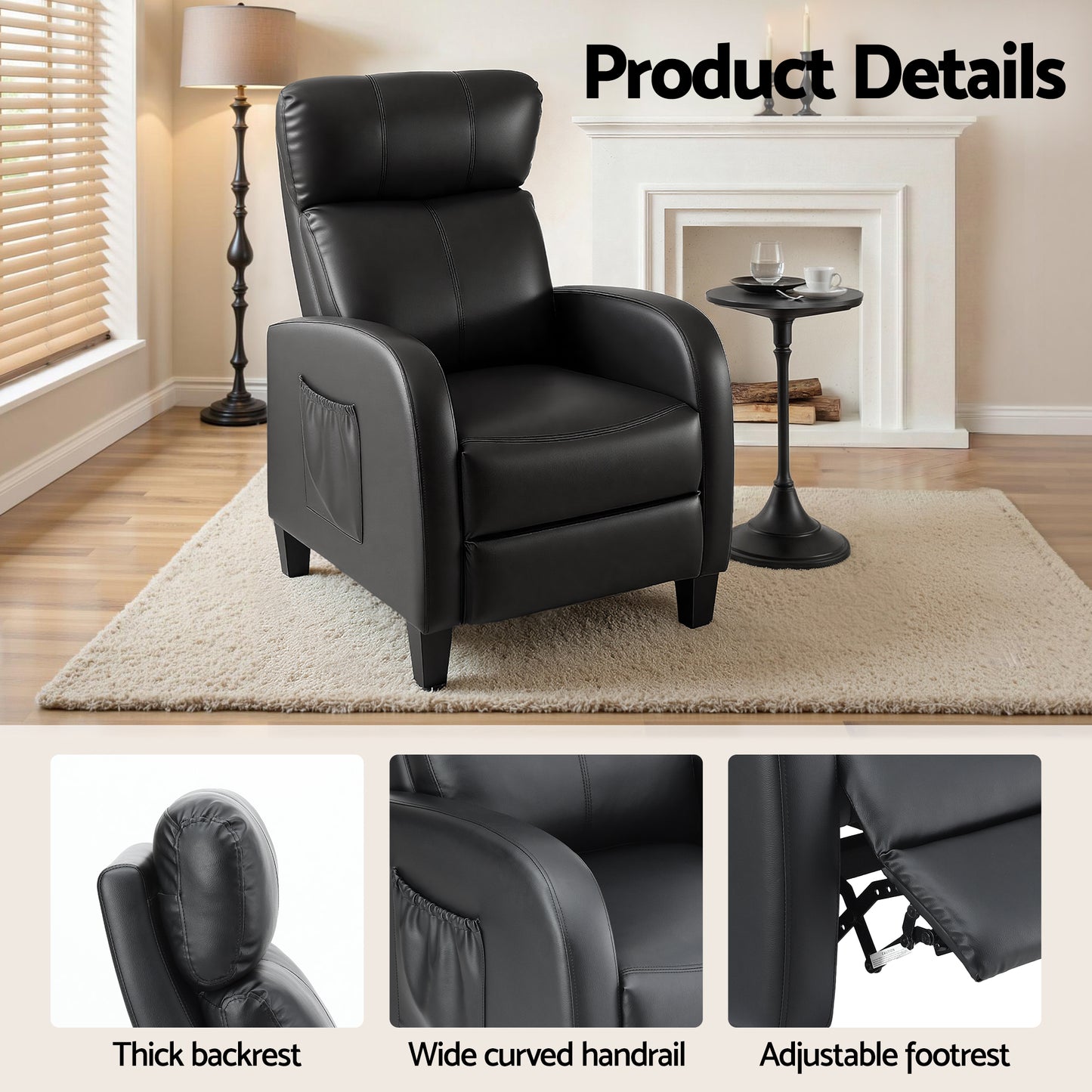 Artiss Massage Recliner Chair Small Recliner Sofa for Adults PU Leather Black - Image 7