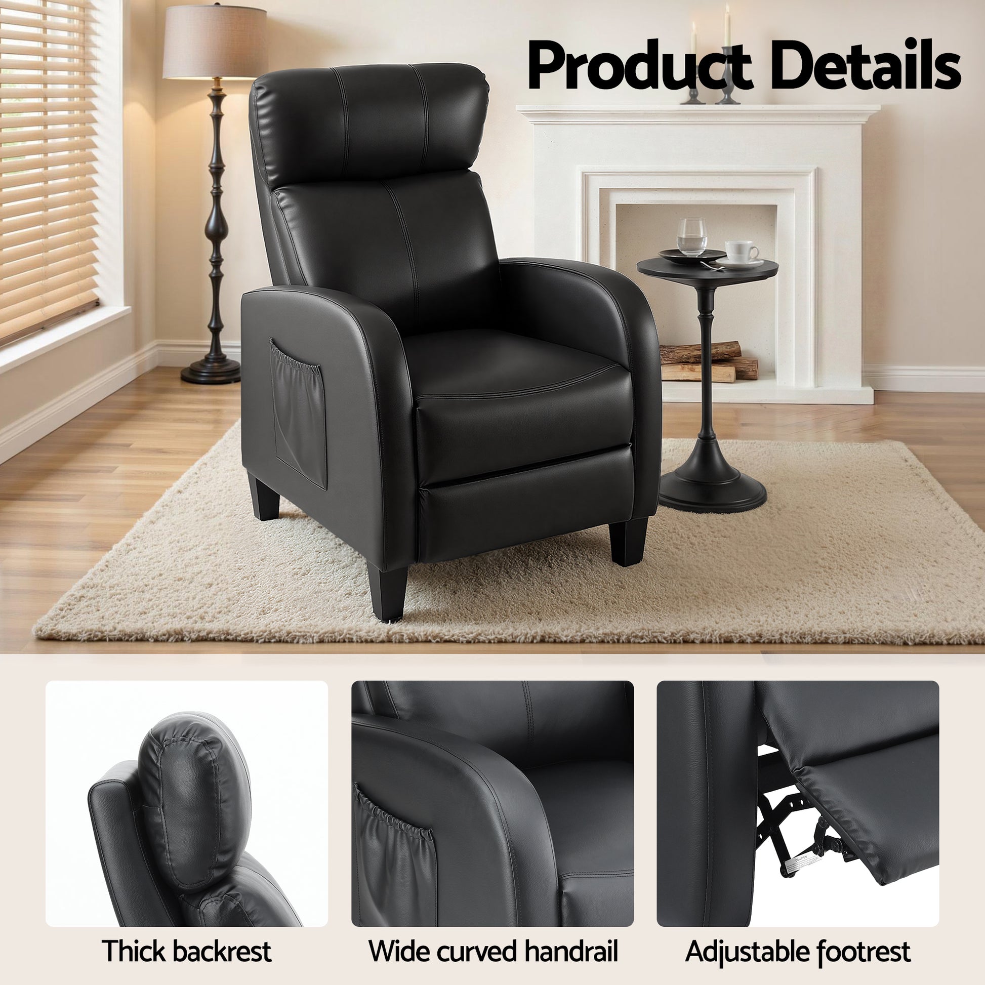 Artiss Massage Recliner Chair Small Recliner Sofa for Adults PU Leather Black - Image 7