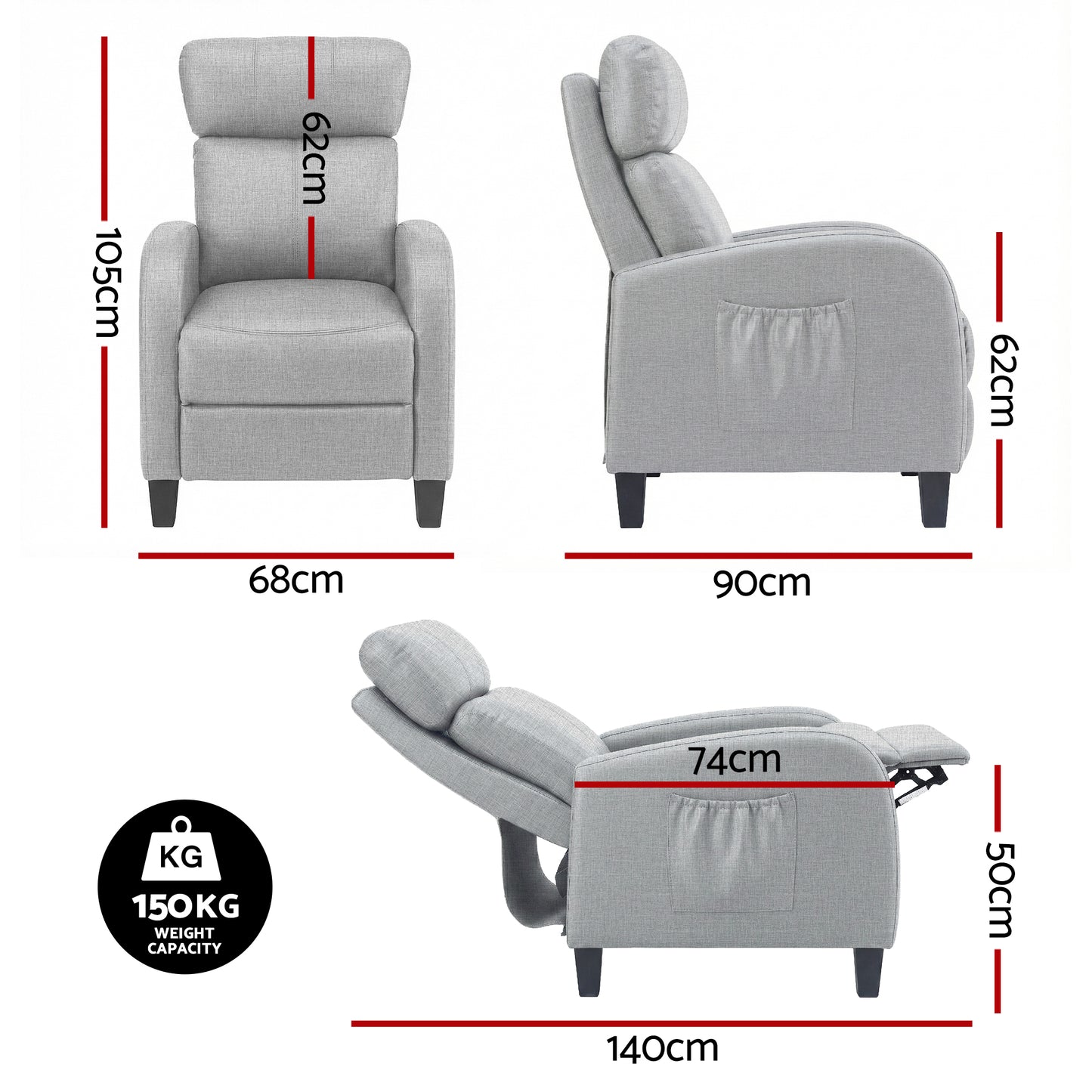 Artiss Massage Recliner Chair Small Recliner Sofa for Adults Fabric Grey - Image 2