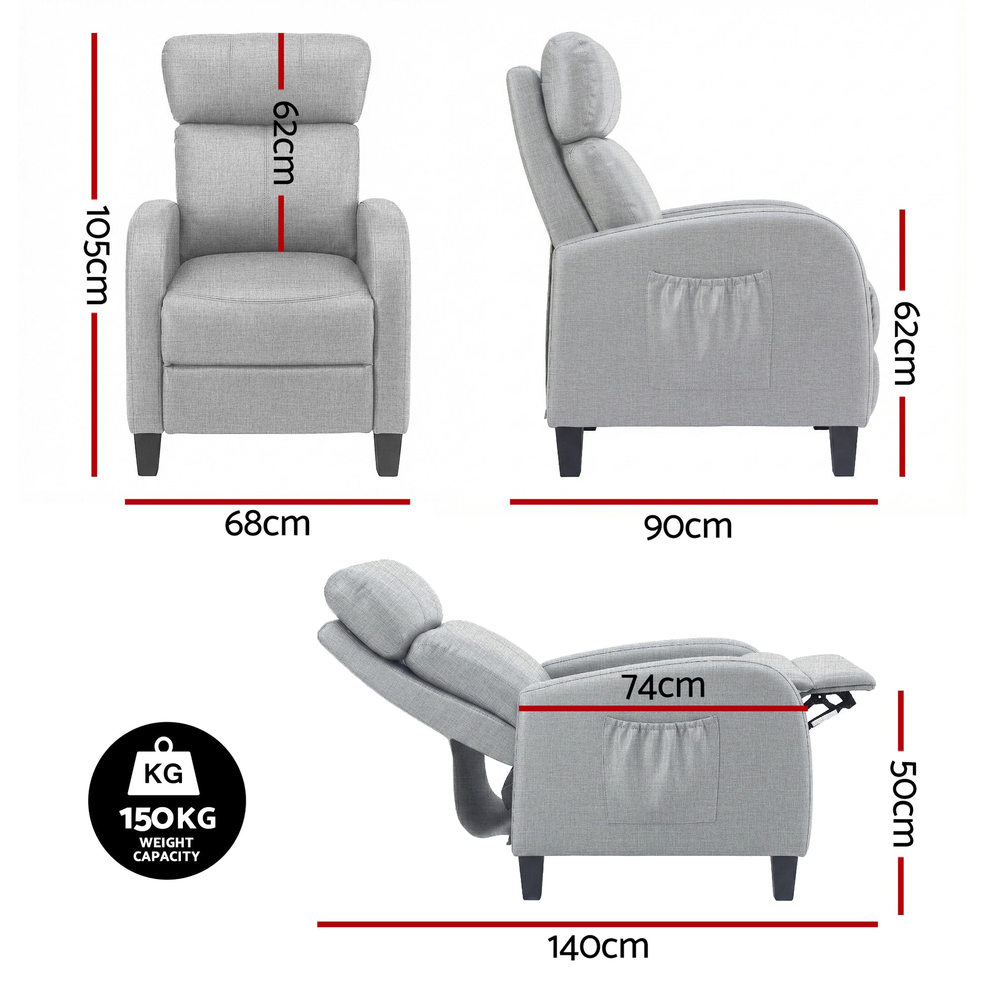 Artiss Massage Recliner Chair Small Recliner Sofa for Adults Fabric Grey - Image 2
