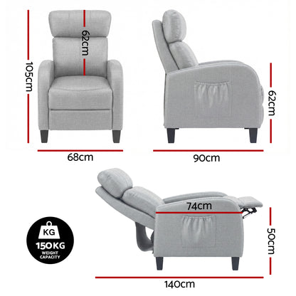 Artiss Massage Recliner Chair Small Recliner Sofa for Adults Fabric Grey - Image 2