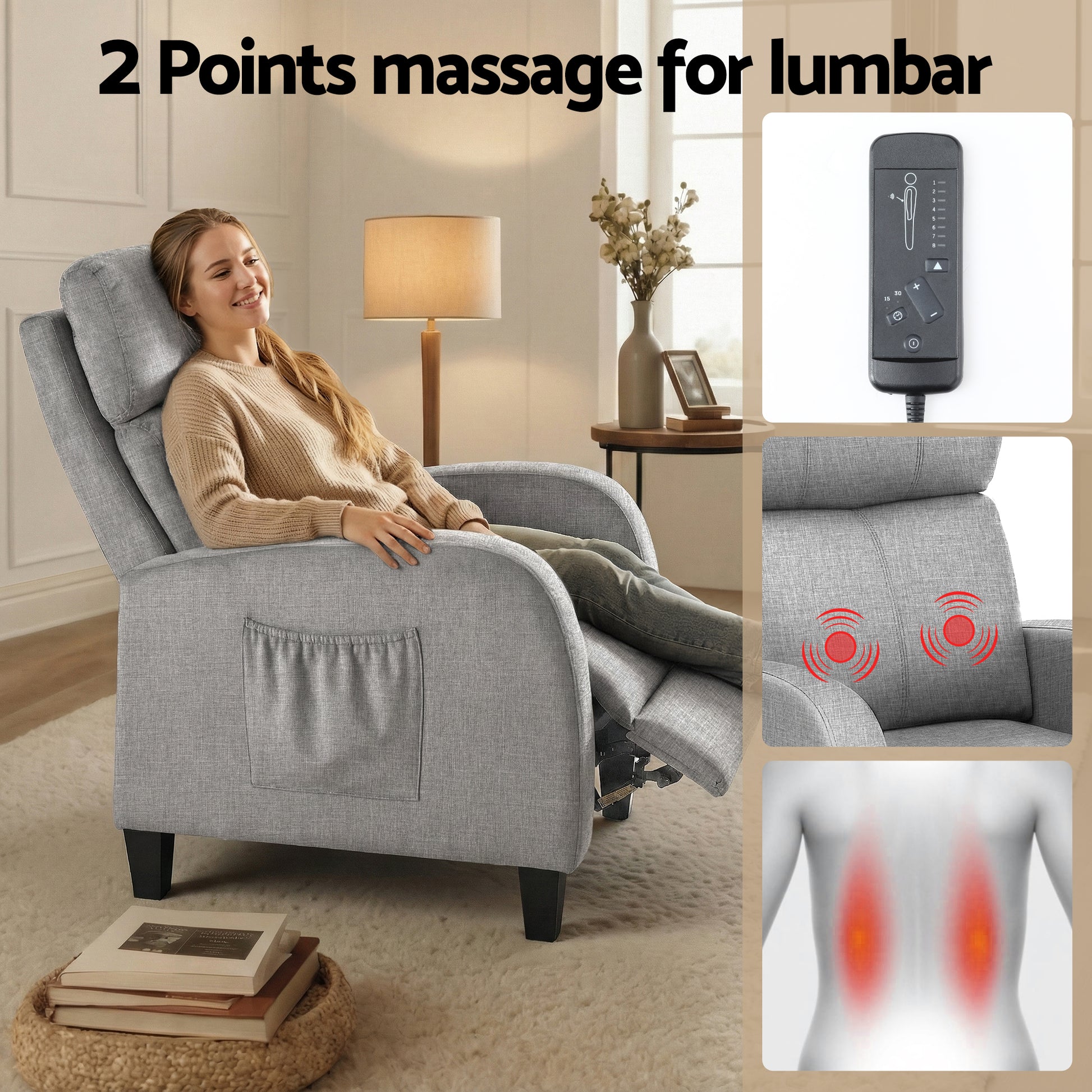 Artiss Massage Recliner Chair Small Recliner Sofa for Adults Fabric Grey - Image 6