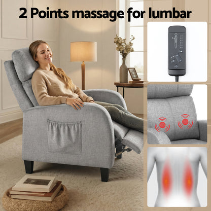Artiss Massage Recliner Chair Small Recliner Sofa for Adults Fabric Grey - Image 6