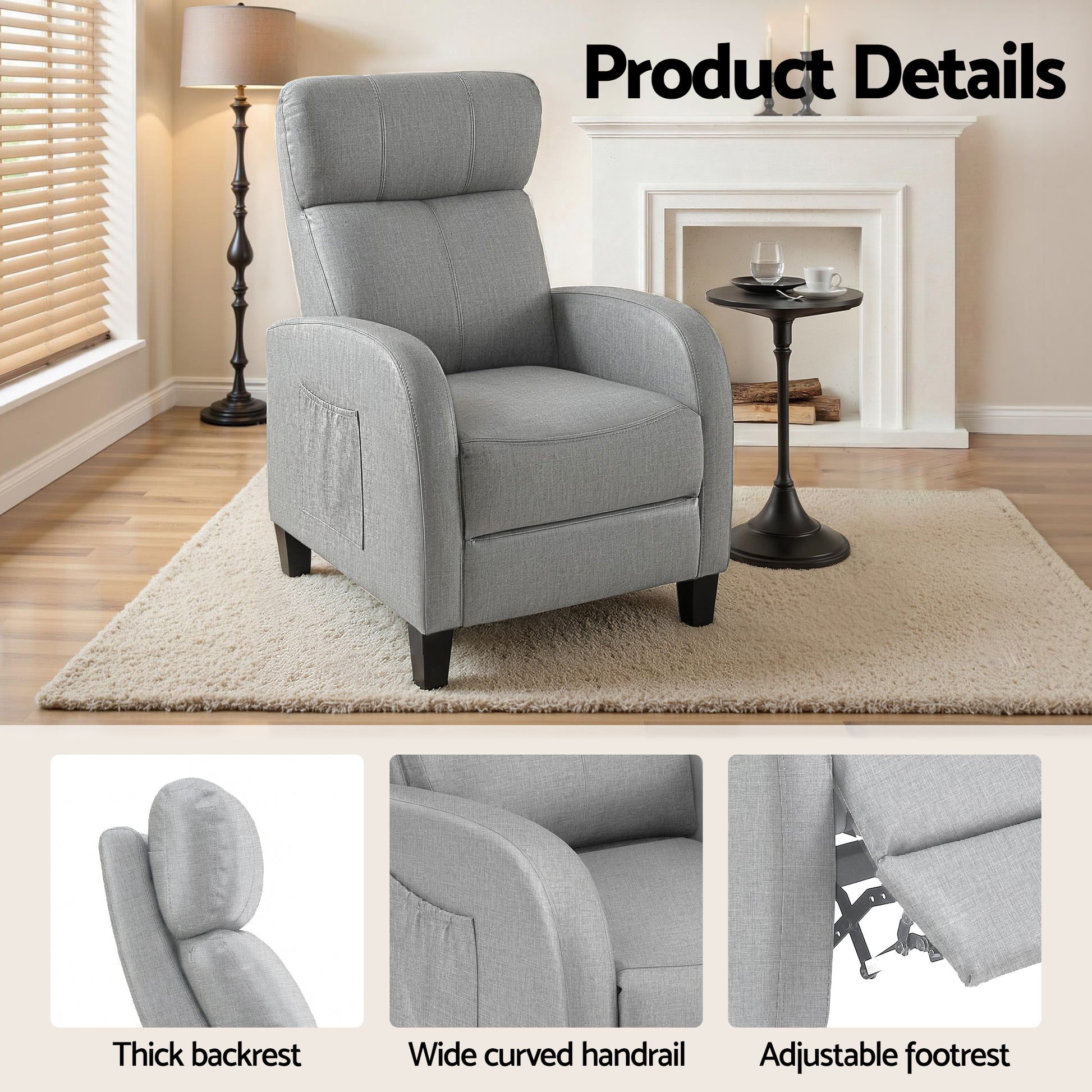 Artiss Massage Recliner Chair Small Recliner Sofa for Adults Fabric Grey - Image 7