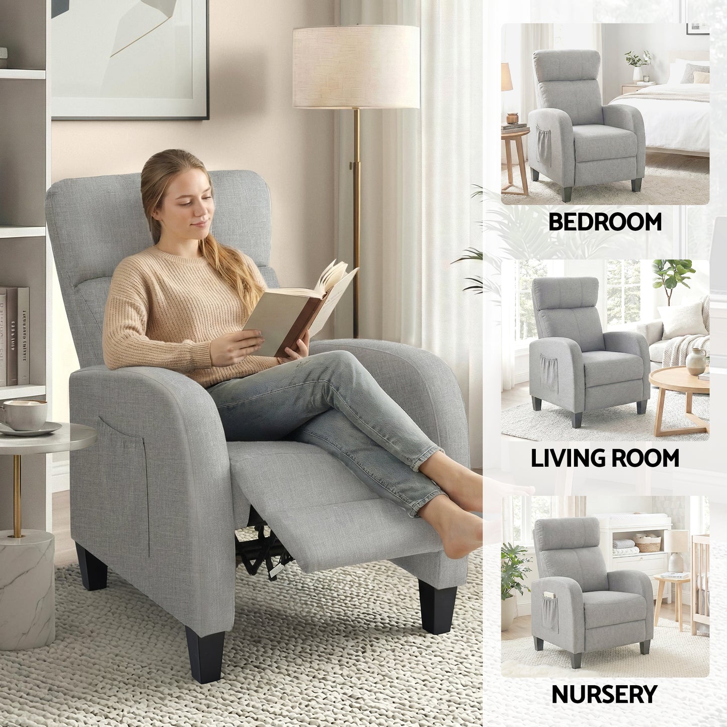 Artiss Massage Recliner Chair Small Recliner Sofa for Adults Fabric Grey - Image 8