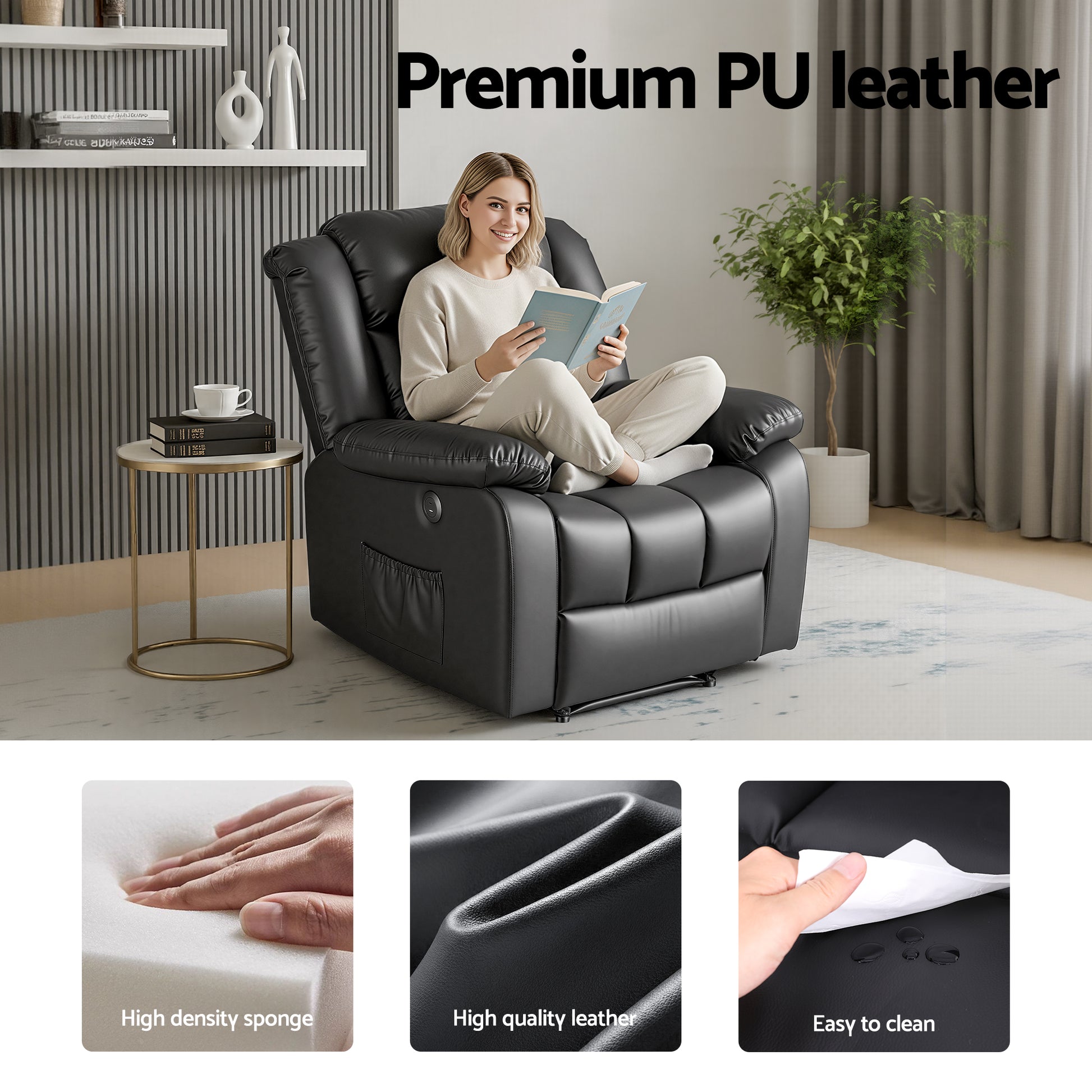 Artiss Manual Massage Recliner Chair for Living Room, Leather Sofa Lounge Reclining Chair with 2 USB Port, 160° Recline Reading Chair with 20CM Wide Armrests, 8 Point Vibration & Lumbar Heat, Black - Image 7